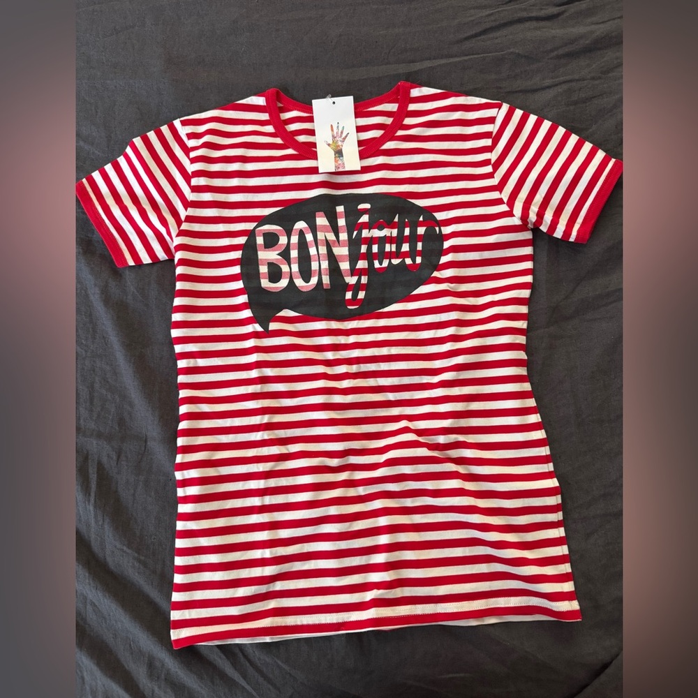 NWT two string jane BONjour Fit Crew Neck Red and White Stripe T-shirt